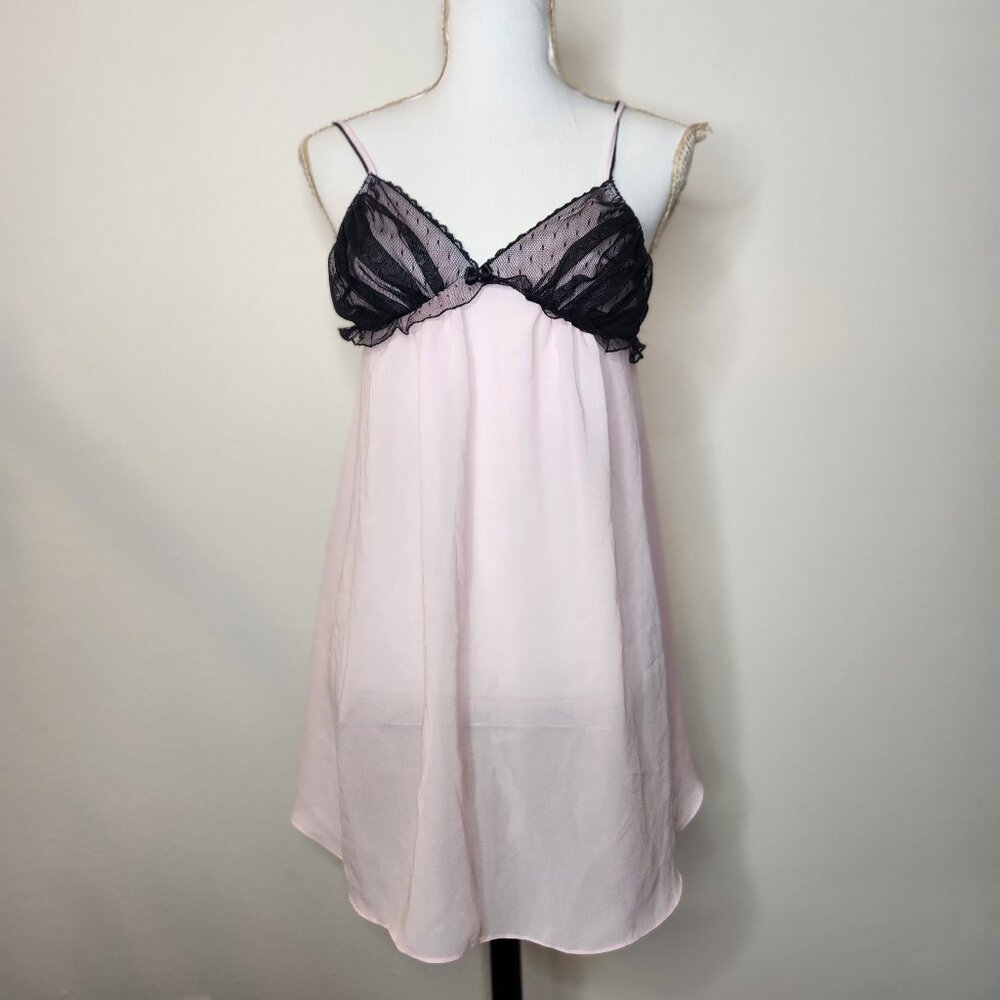 Blossom Intimates Womens Medium Sheer Pink Black Lace Slip Dress Lingerie